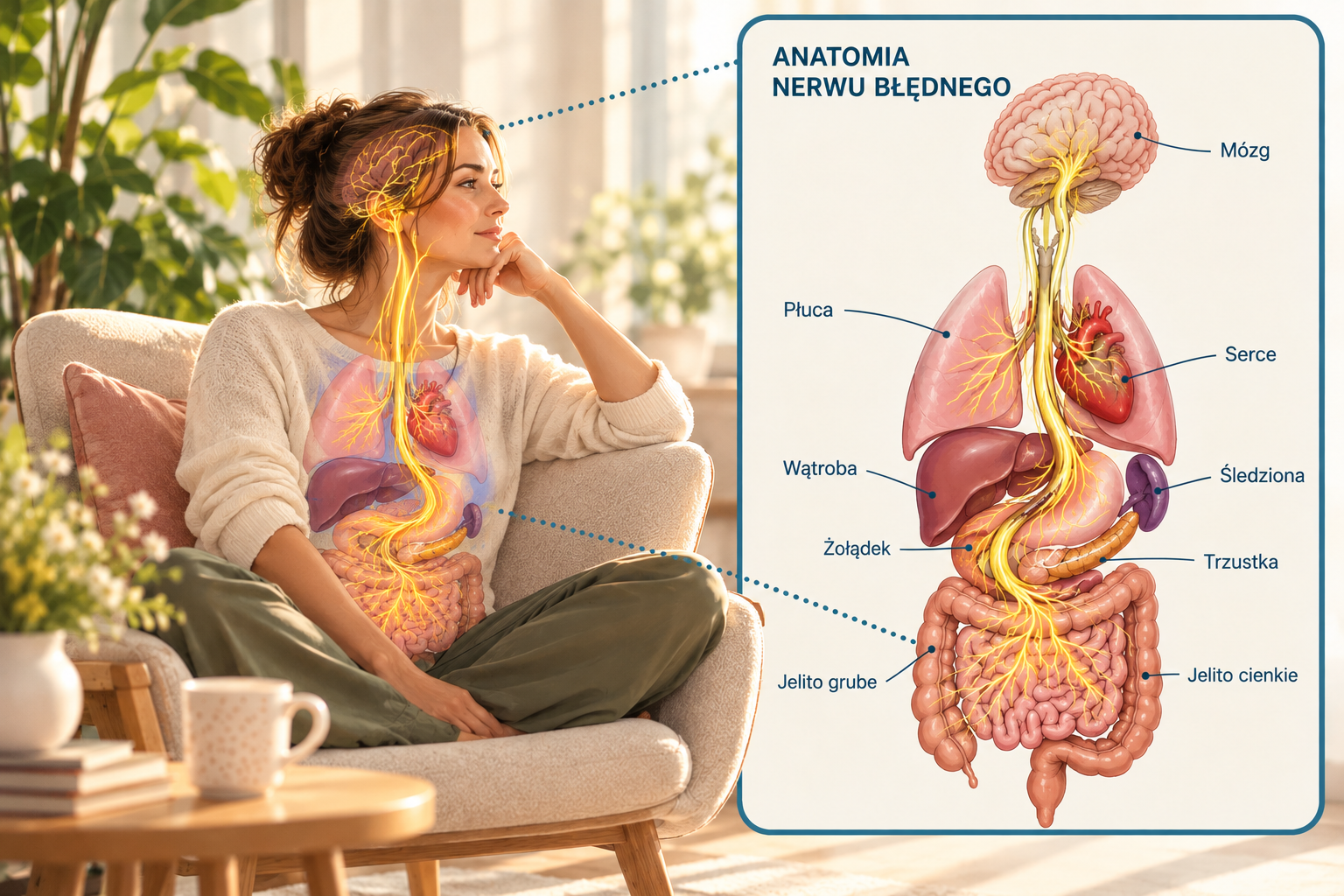 Kobieta siedząca w fotelu z nałożoną wizualizacją układu nerwowego oraz plansza zatytułowana „Anatomia nerwu błędnego” pokazująca przebieg nerwu od mózgu do narządów