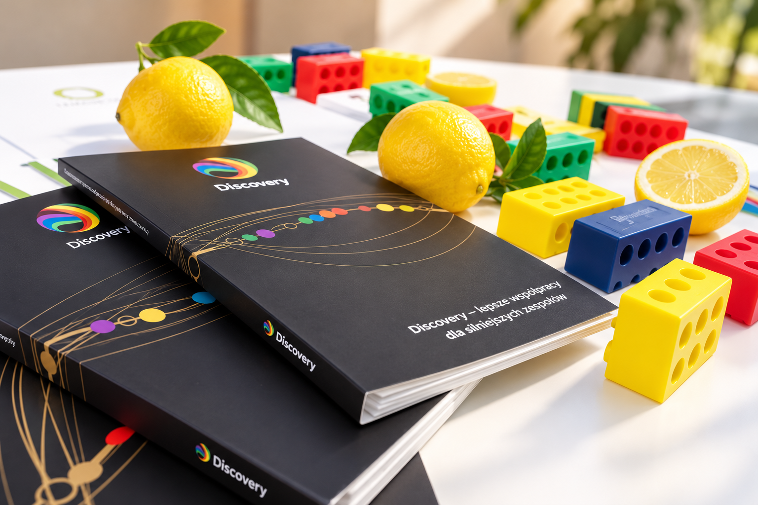 Czarne Profile Discovery i kolorowe klocki Insights na stole warsztatowym z cytrynami